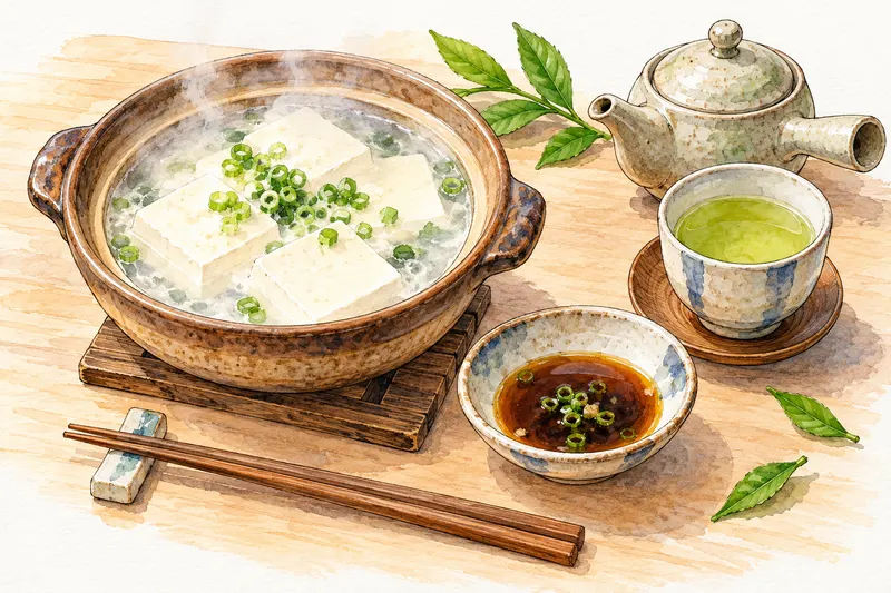 土鍋の温泉湯どうふと、緑茶の入った湯のみ、急須を描いた水彩のイラスト