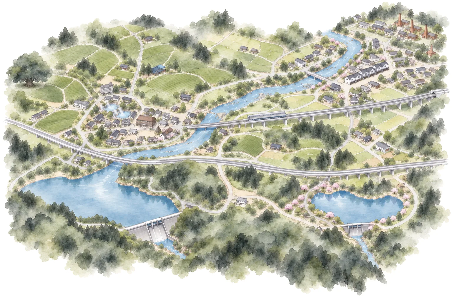 嬉野市を描いた手描きの広域地図。温泉街、川沿いの塩田津、茶畑、ダム湖の位置関係がわかります