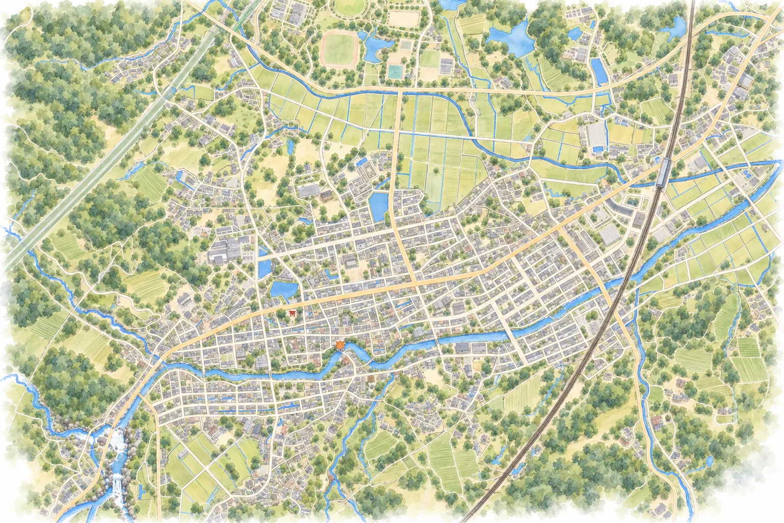 嬉野温泉の温泉街を描いた手描きの地図。嬉野川、国道34号、橋、豊玉姫神社、シーボルトの湯、嬉野温泉駅の位置関係がわかります